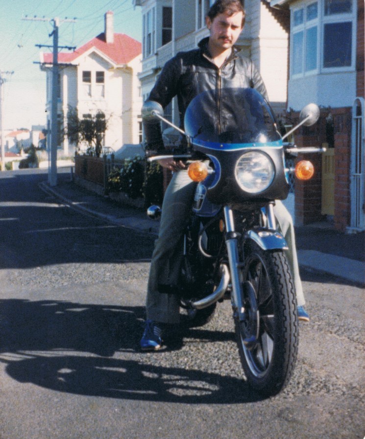Yamaha RD400 and rider, Brown St, Dunedin, circa 1979